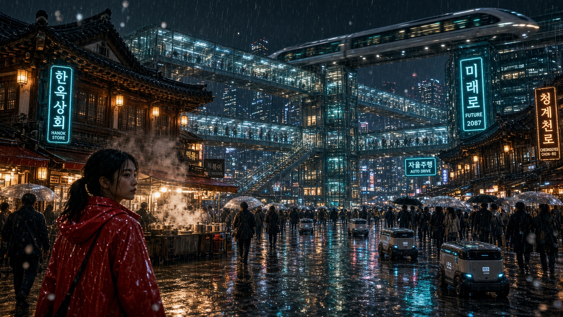 2087년 서울 야경 비 사이버펑크 — Grok Imagine Image 2.0 생성