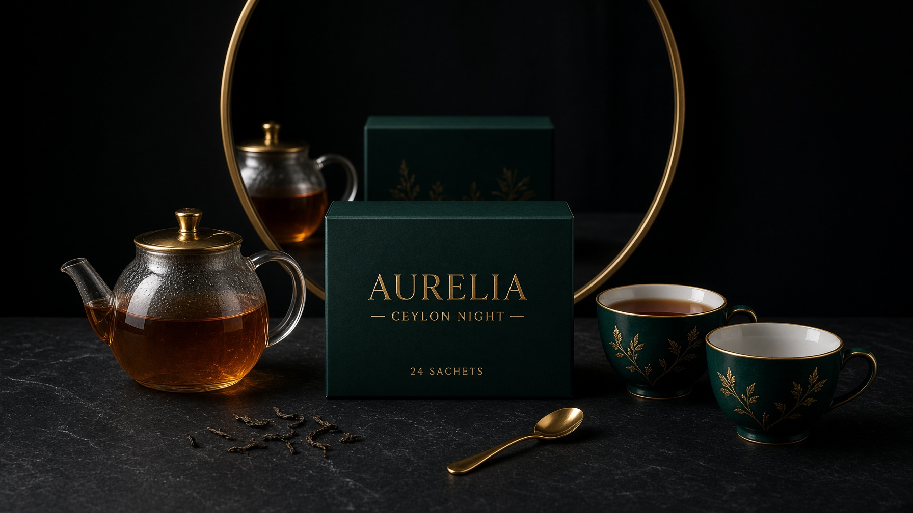 AURELIA CEYLON NIGHT 티 세트 제품 사진 — Grok Imagine Image 2.0 생성