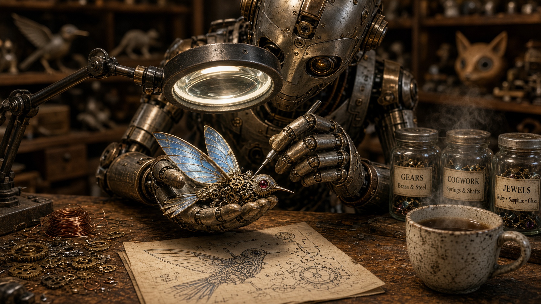 로봇 장인 기계 벌새 수리 워크숍 — Grok Imagine Image 2.0 생성