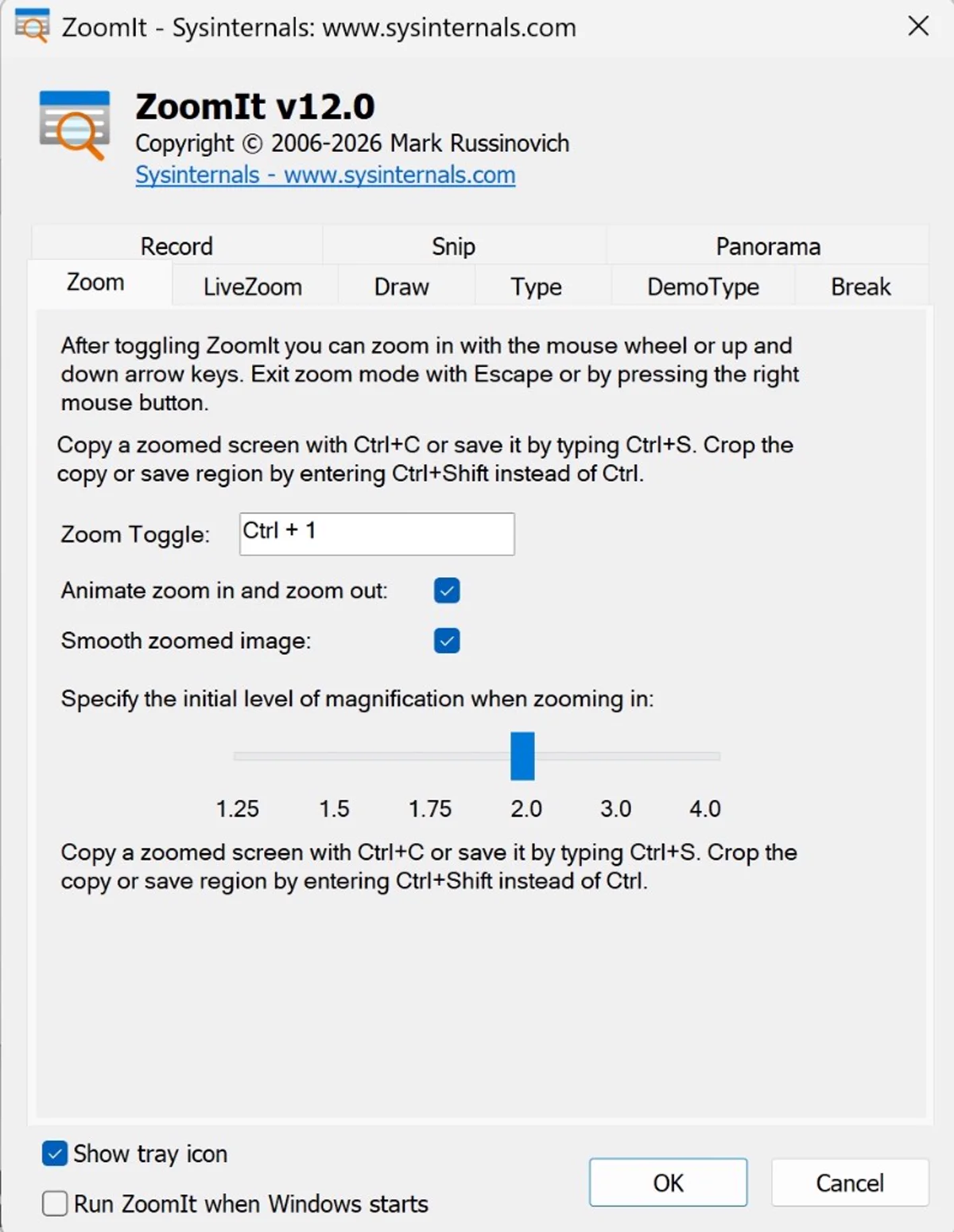 ZoomIt v12 Zoom 탭 — Ctrl+1, 애니메이션·Smooth zoomed image 옵션