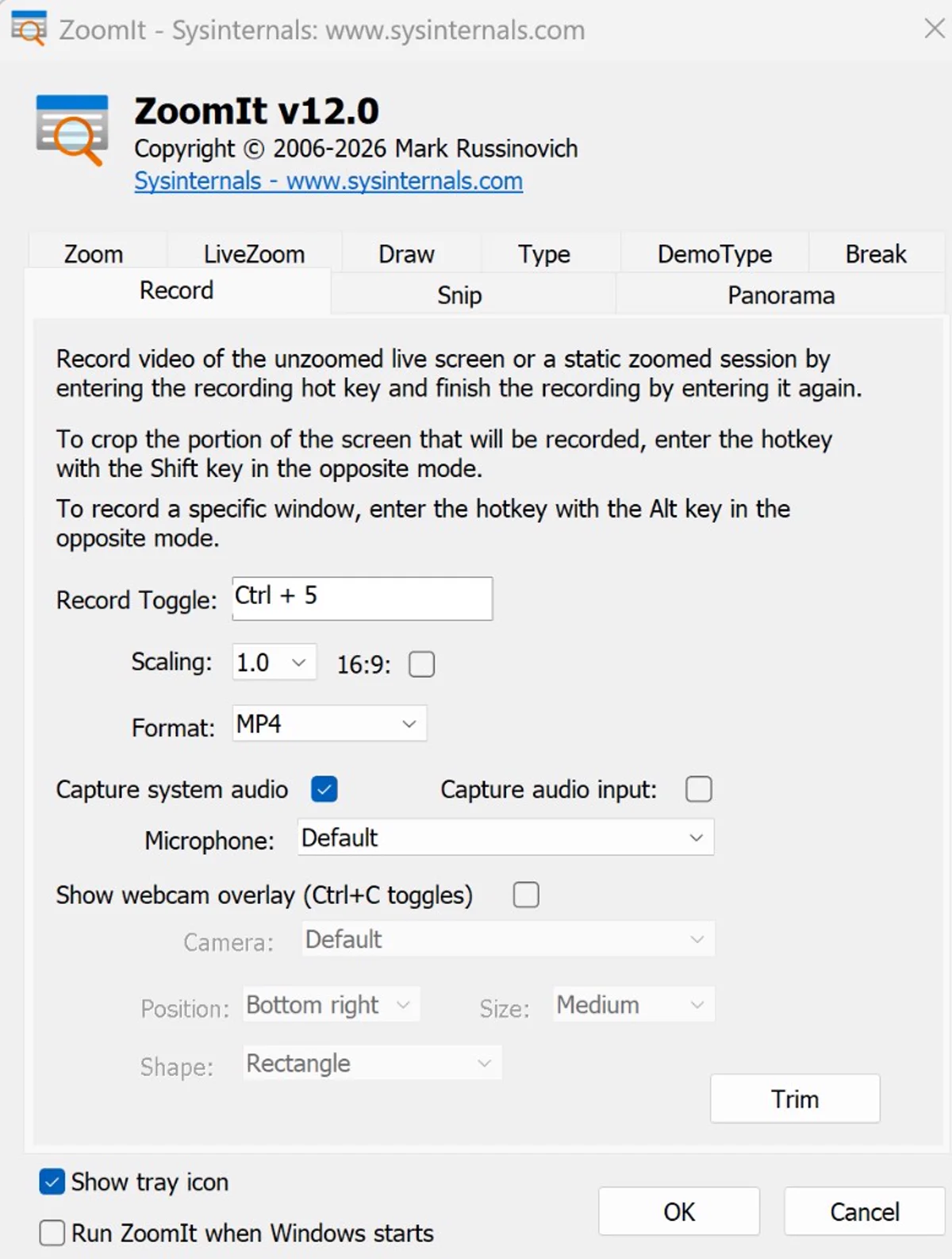 ZoomIt v12 Record 탭 — Ctrl+5, MP4, 시스템 오디오·웹캠 오버레이