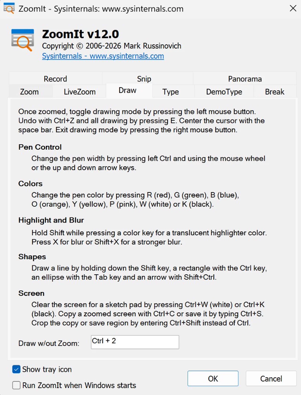 ZoomIt v12 Draw 탭 — 펜 색·도형·블러·Ctrl+2 줌 없이 그리기