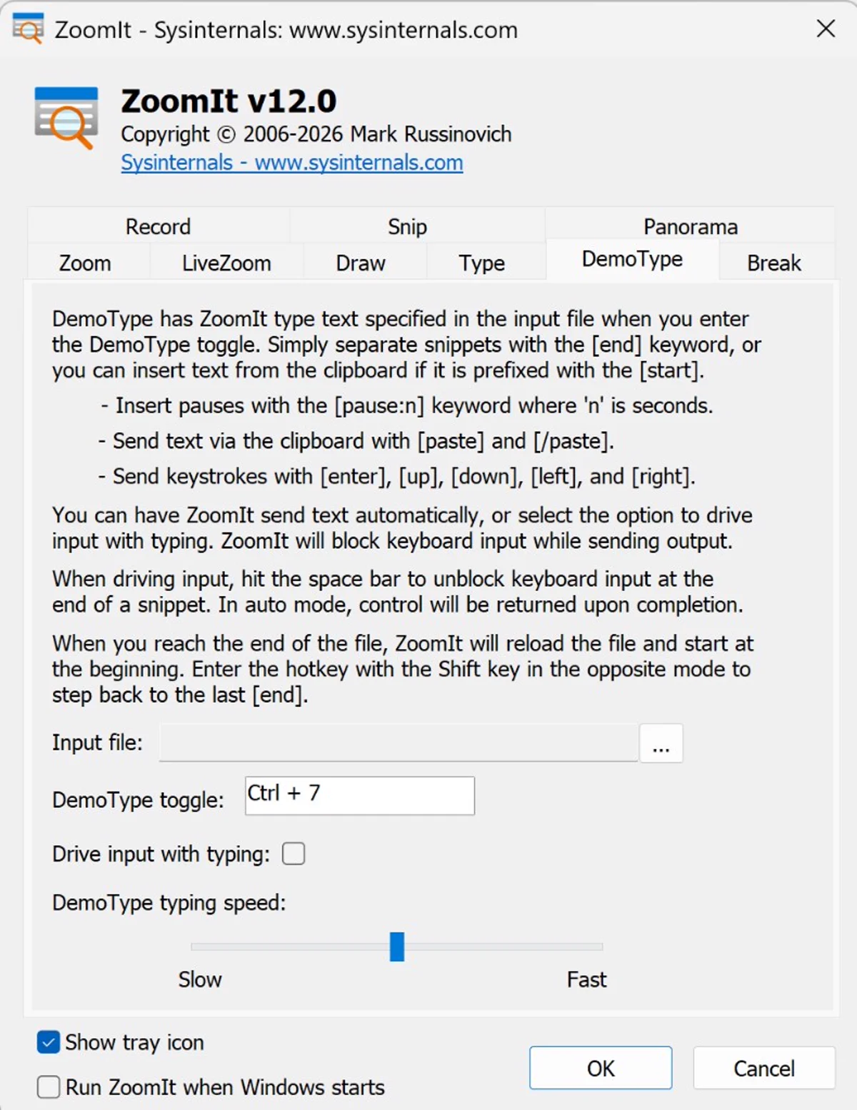 ZoomIt v12 DemoType 탭 — Ctrl+7, 입력 파일·타이핑 속도