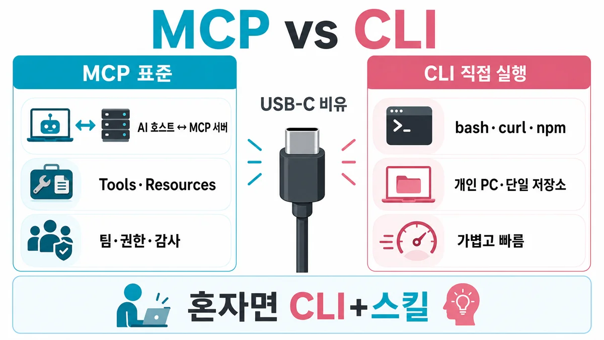 MCP는 표준 규격·도구 노출, CLI는 터미널 직접 실행 방식 비교 인포그래픽