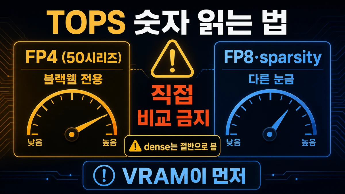AI TOPS 숫자 비교 주의 — FP4와 FP8은 다른 눈금, sparsity는 이론치
