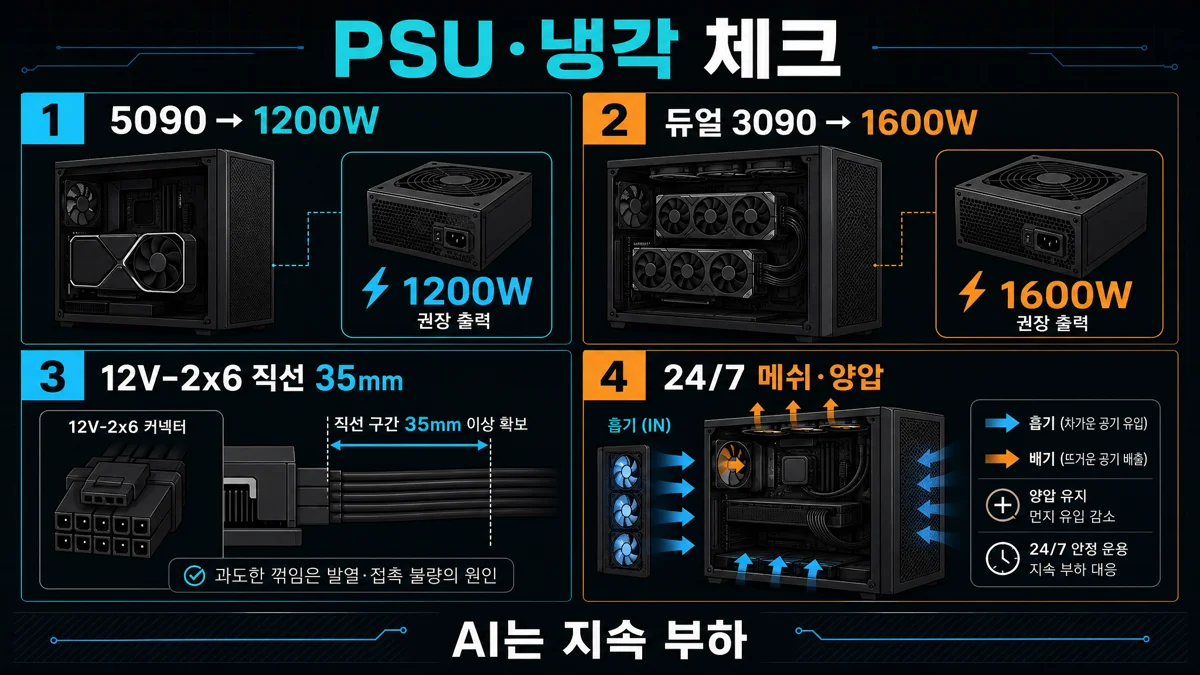AI 워크스테이션 PSU 와트·12V-2x6 직선 35mm·24/7 냉각 요약