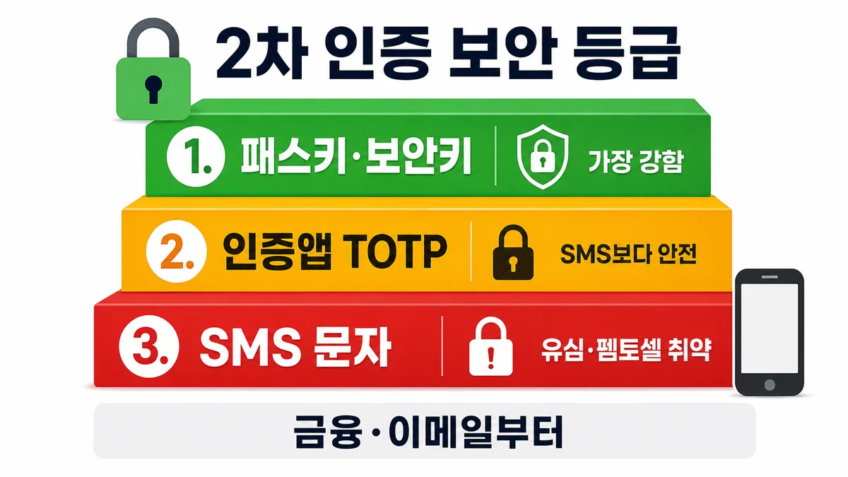 2차 인증 보안 등급 — 패스키·인증앱·SMS 순