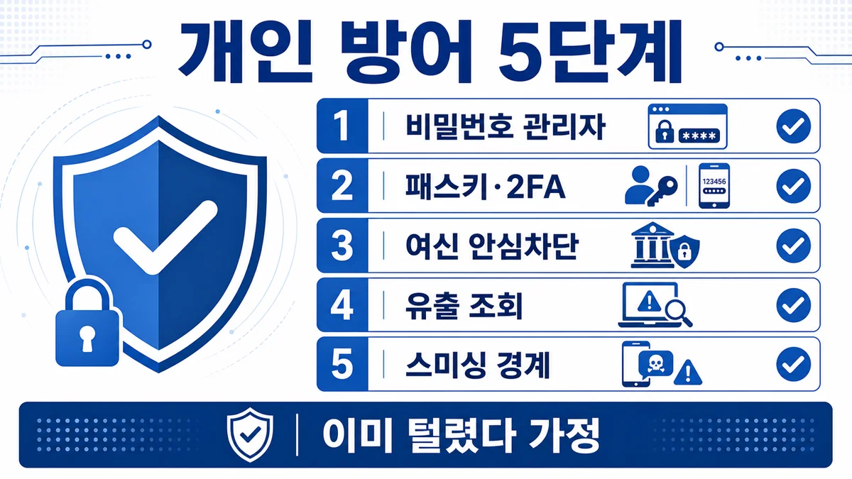 개인 계정 보호 5단계 — 비밀번호 관리자·2FA·안심차단·유출조회·스미싱 경계