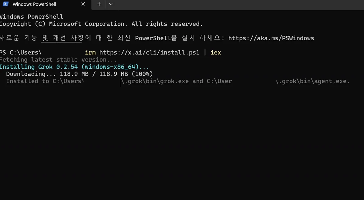 PowerShell에서 Grok Build 0.2.54 설치