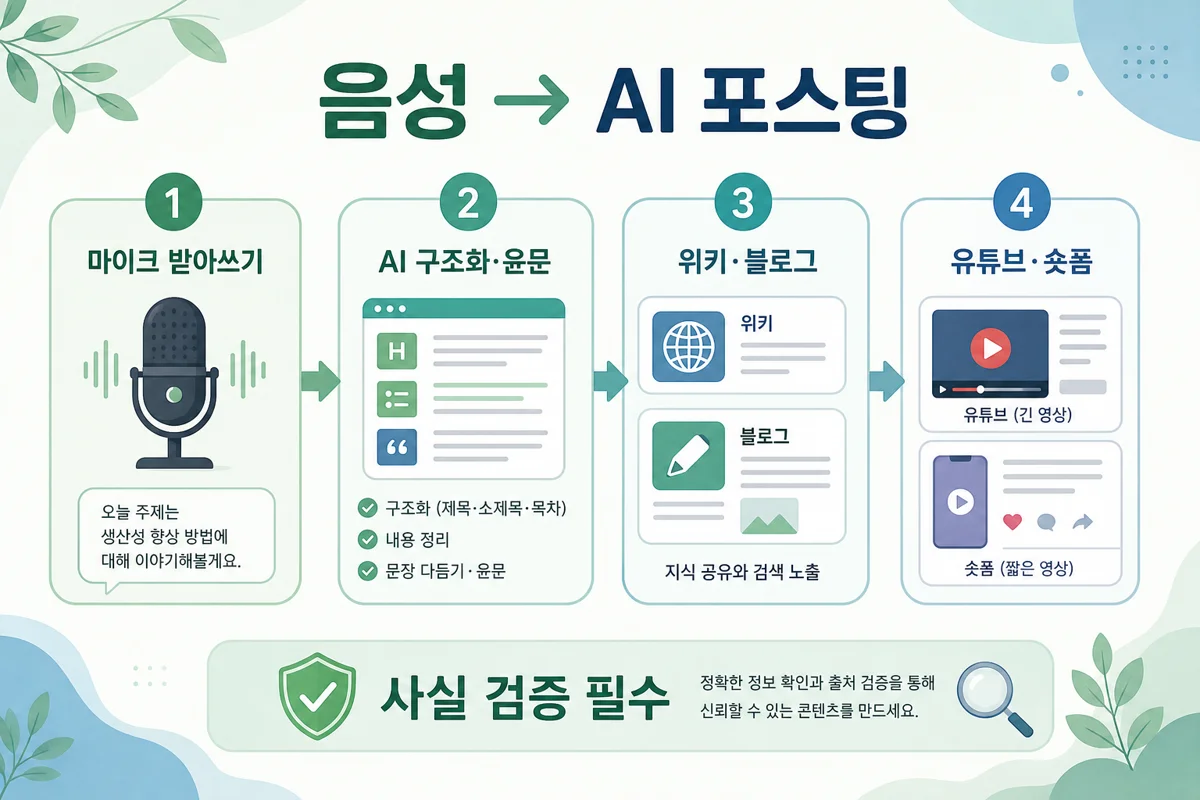 음성 인식 → AI 구조화 → 위키·유튜브·숏폼 파생 워크플로