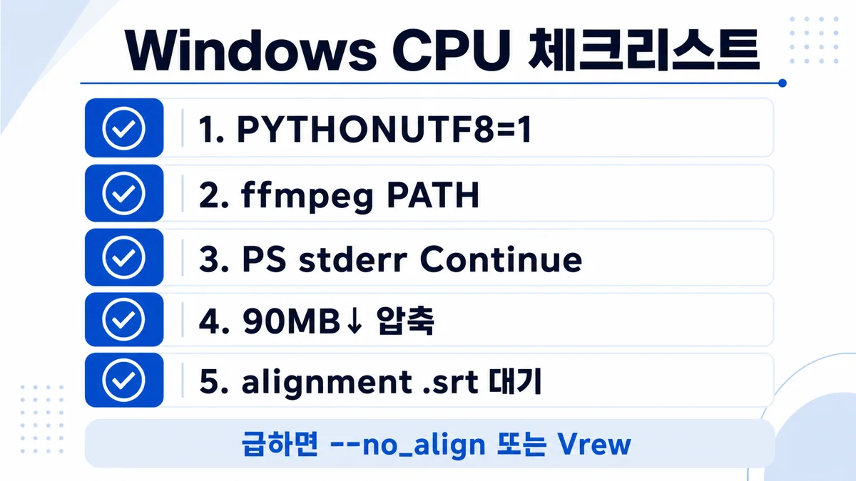 WhisperX Windows CPU — UTF-8·ffmpeg·alignment 대기·90MB 압축