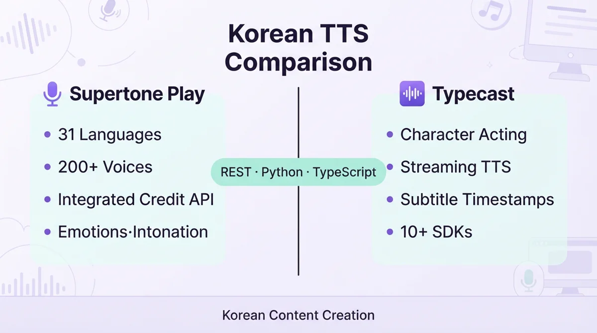 한국어 TTS 슈퍼톤 플레이와 타입캐스트 API·감정 연기·SDK 비교 인포