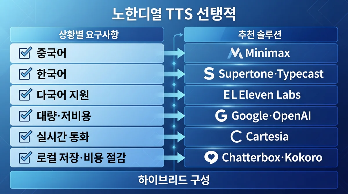 AI TTS API 상황별 선택 — 중국어·한국어·다국어·실시간·오픈소스 하이브리드 인포