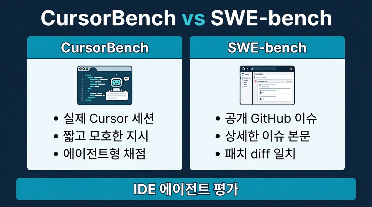 CursorBench와 SWE-bench 차이 — 과제 출처·설명 길이·채점 방식 비교 인포그래픽