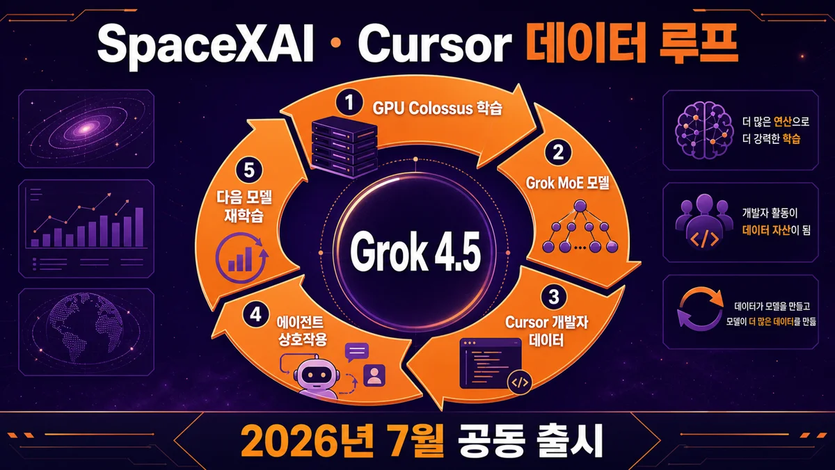 SpaceXAI Cursor 데이터 플라이휠 — GPU·모델·도구·재학습 순환