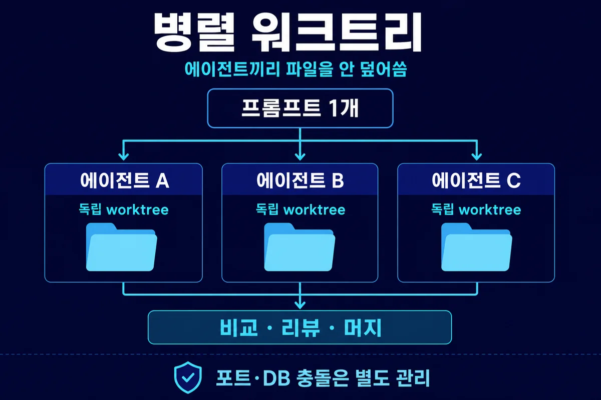 병렬 워크트리 — 프롬프트 하나에서 에이전트별 독립 worktree 후 머지