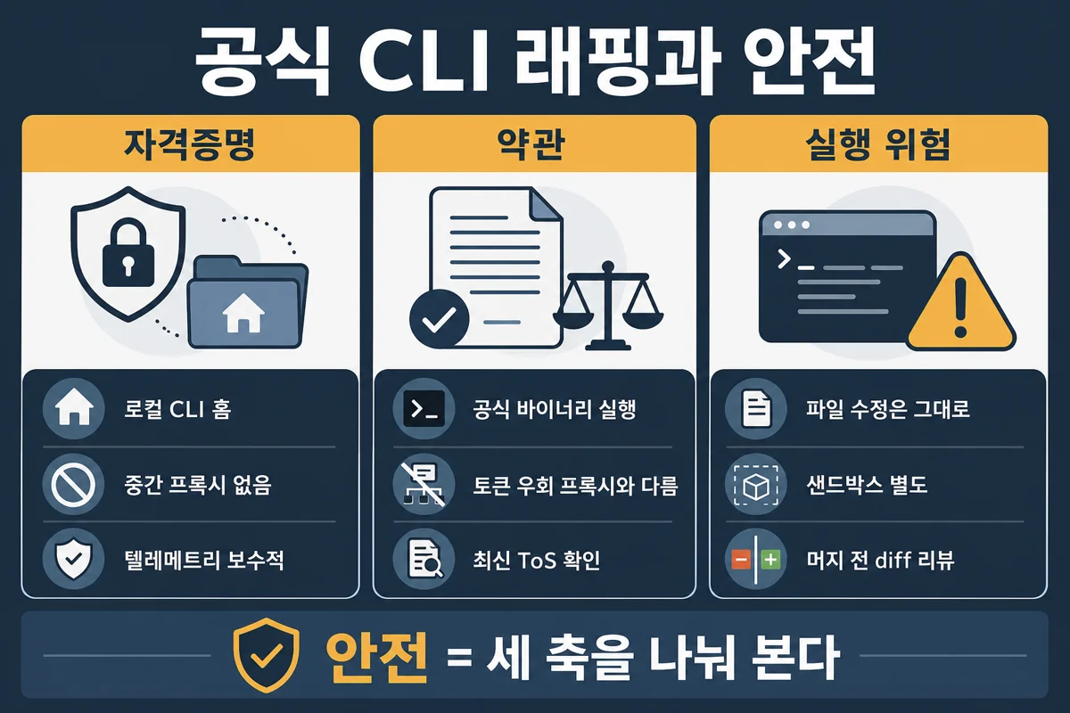 공식 CLI 래핑과 안전 — 자격증명·약관·실행 위험 세 축