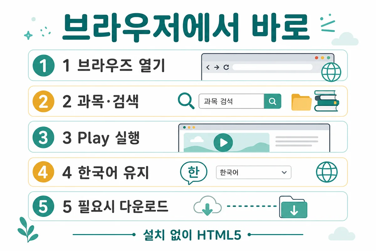 브라우저에서 바로 — 브라우즈·검색·Play·한국어·다운로드