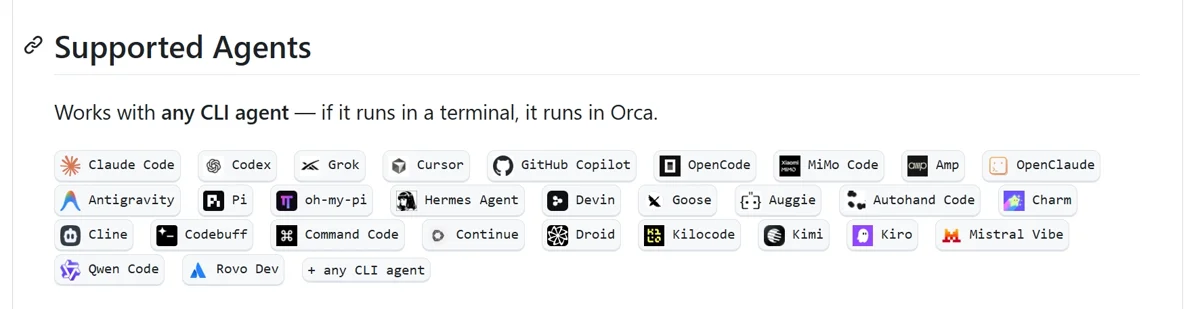 Orca Supported Agents CLI 칩 목록