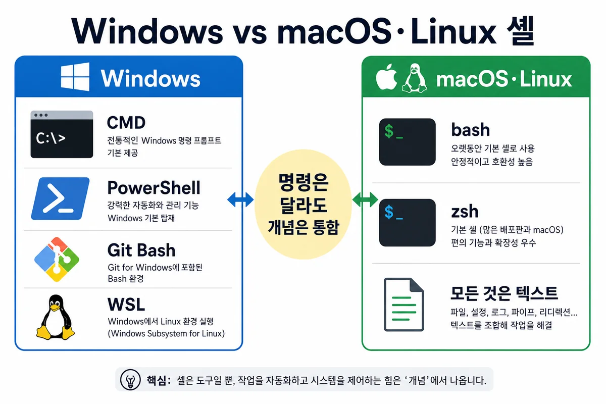 Windows vs macOS·Linux 셸 비교