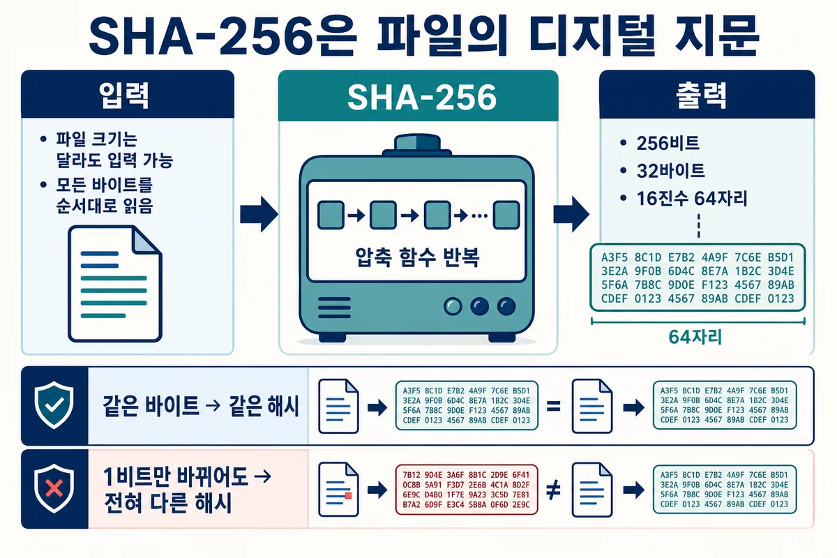 SHA-256 파일 디지털 지문의 입력과 출력 원리