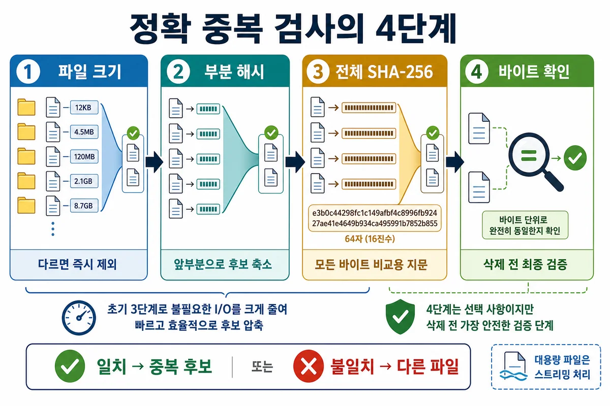 파일 중복 검사의 크기·부분 해시·전체 해시·바이트 확인 단계
