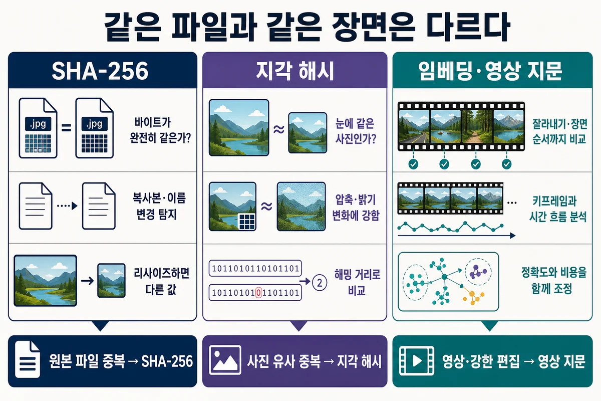 SHA-256과 지각 해시, 영상 지문의 용도 비교