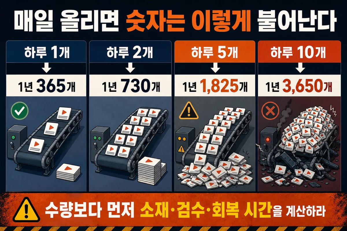 콘텐츠 발행량별 연간 누적 수량과 과부하 비교