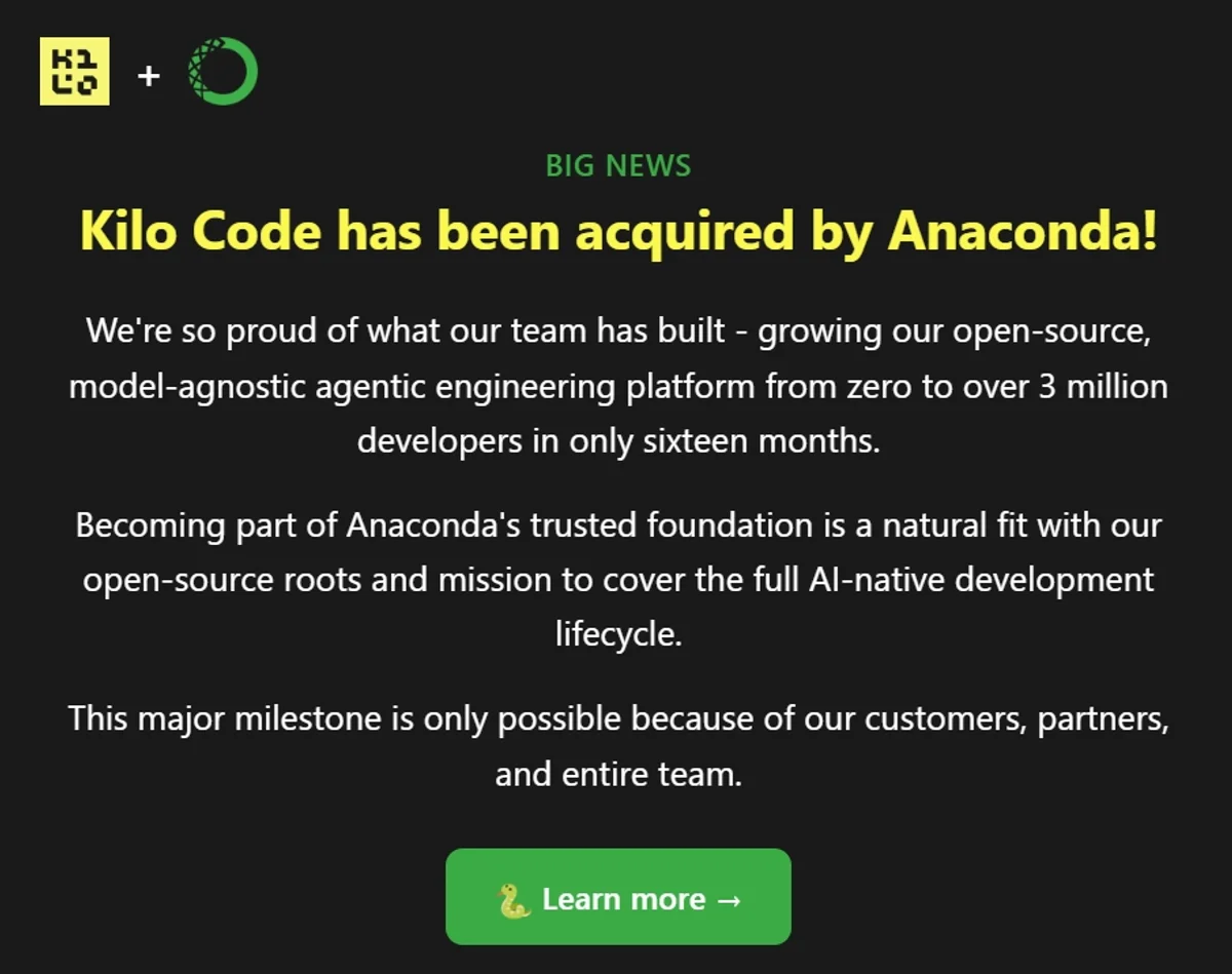 Kilo Code가 발표한 Anaconda 인수 공식 공지