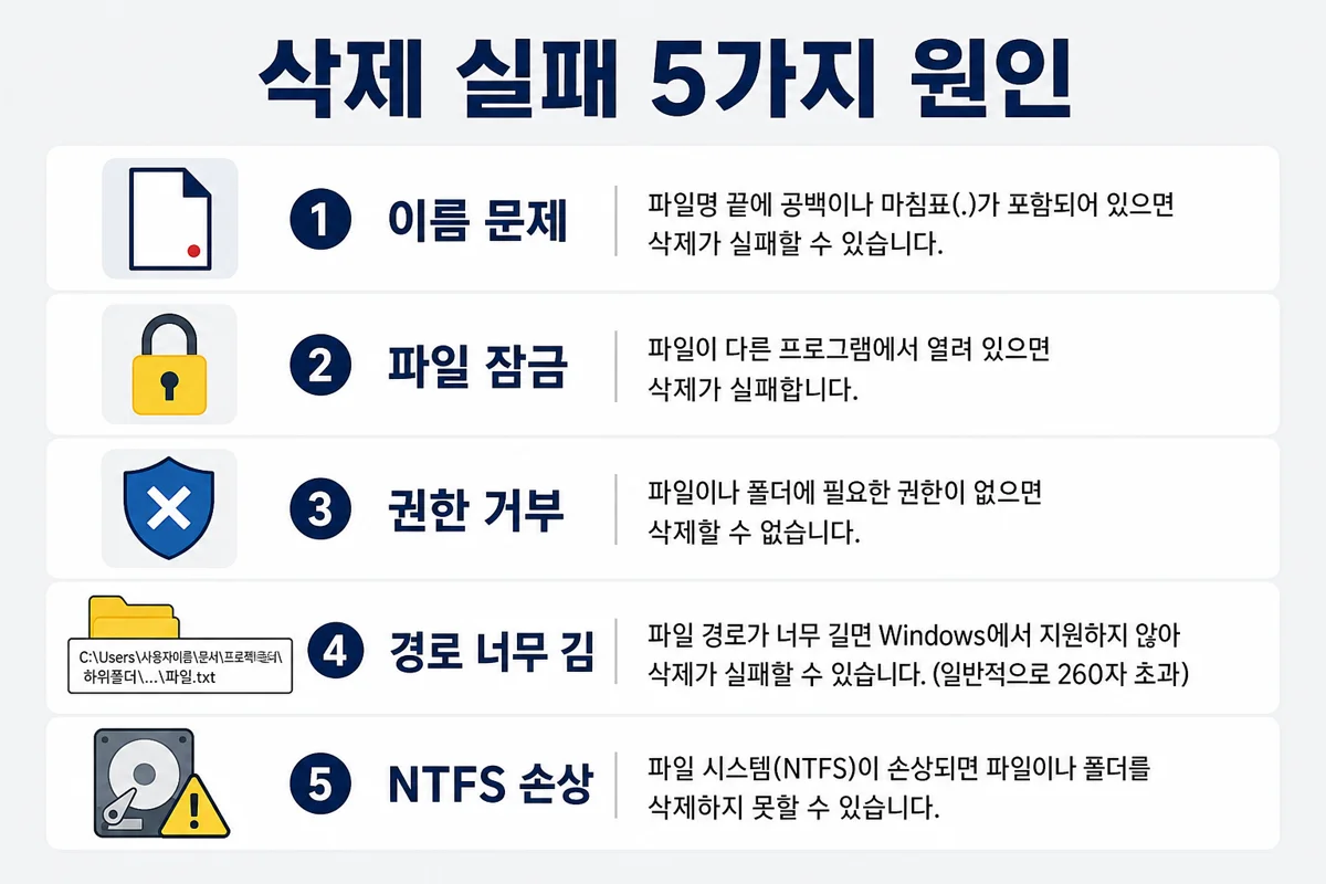 윈도우 삭제 실패 5가지 원인 — 이름·잠금·권한·경로·손상