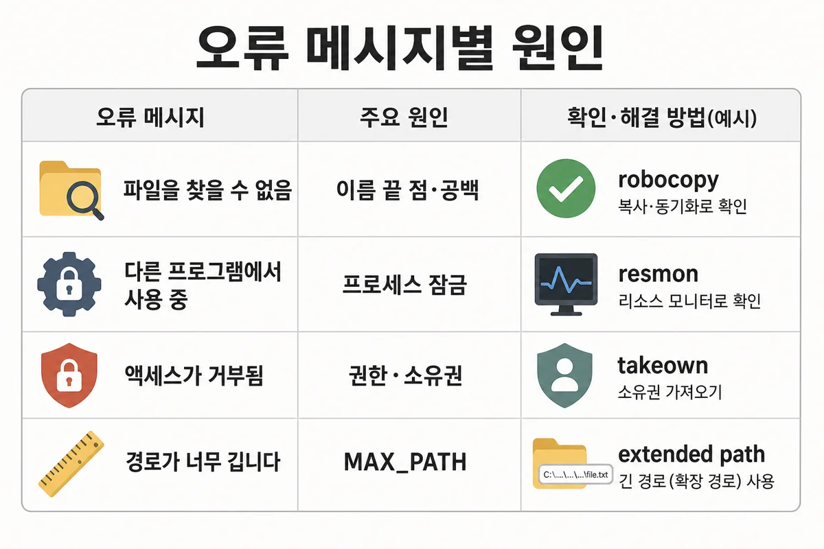 오류 메시지별 원인과 1순위 해법 대응표 인포