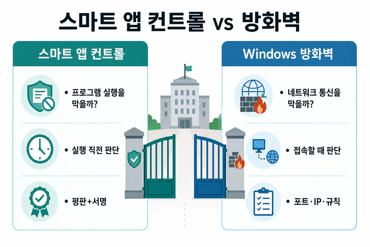 스마트 앱 컨트롤과 Windows 방화벽 역할 비교