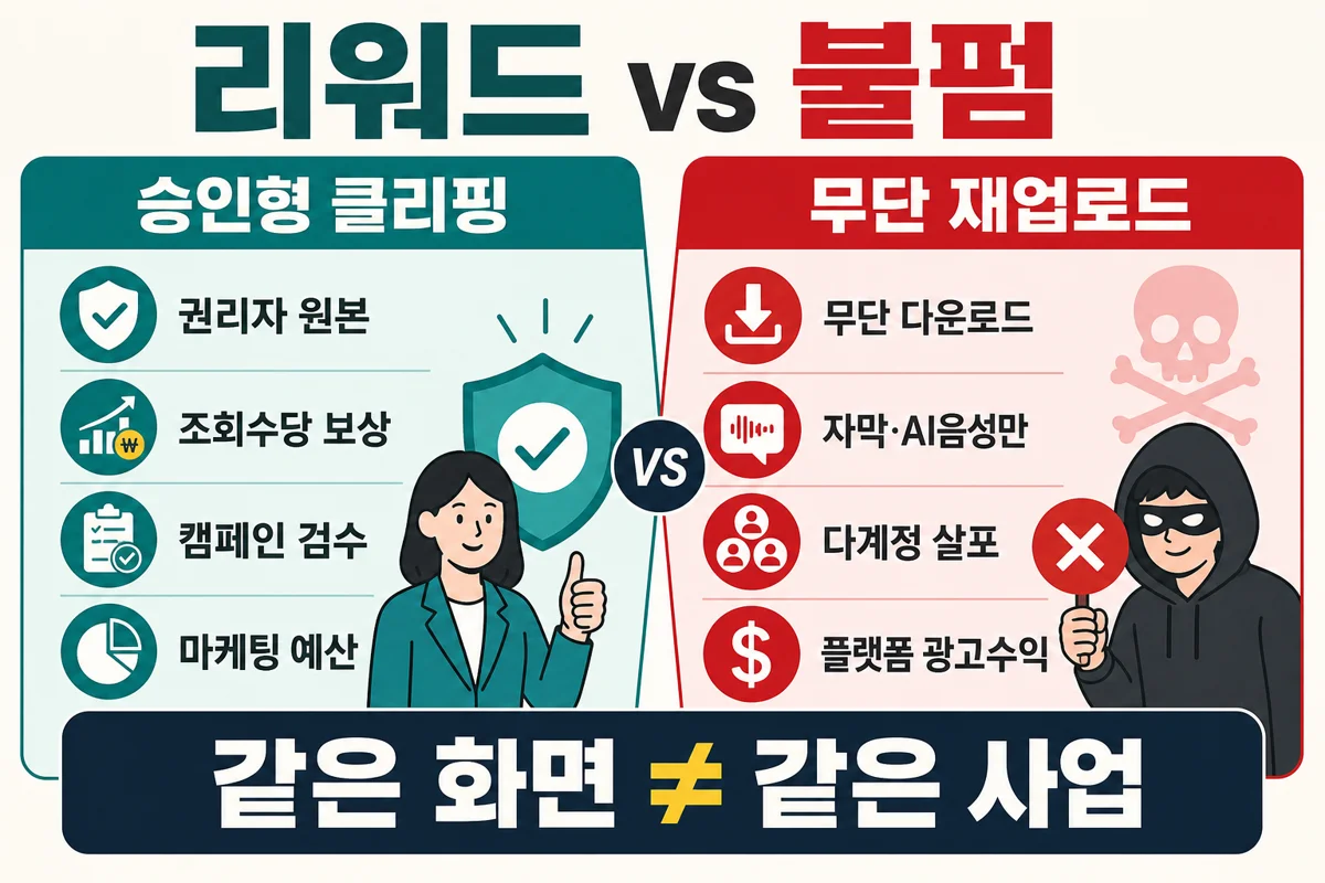 리워드 승인형 클리핑과 무단 재업로드 비교