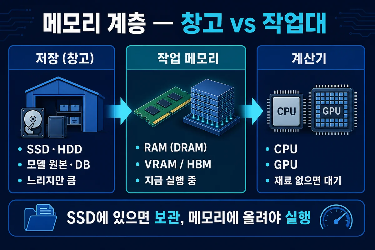 메모리 계층 — 창고 vs 작업대