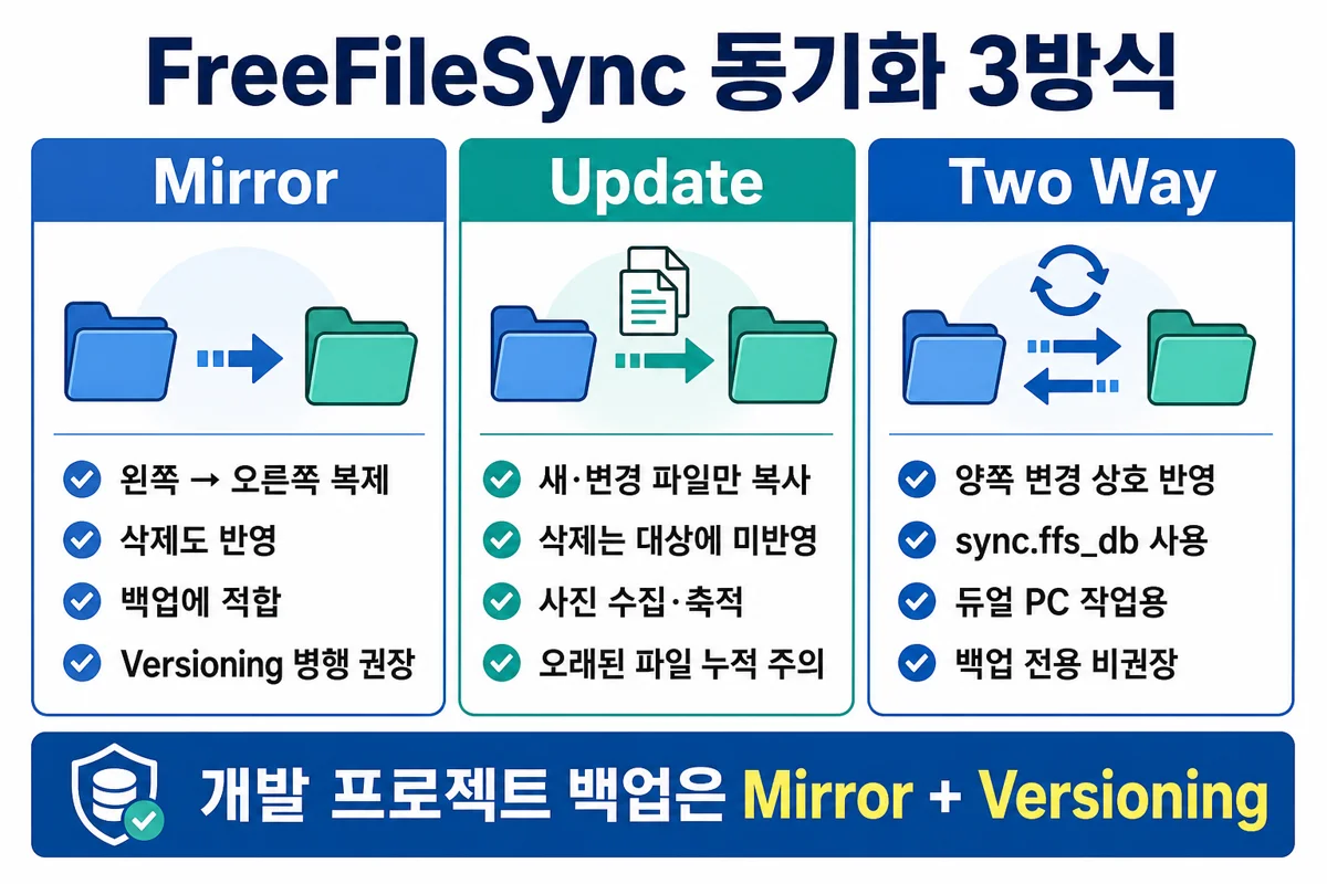 FreeFileSync Mirror·Update·Two Way 동기화 3방식 비교