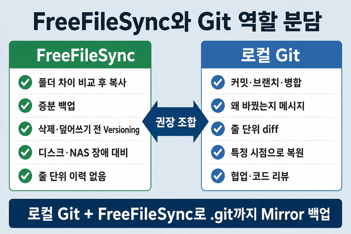 FreeFileSync와 로컬 Git 역할 분담 인포그래픽