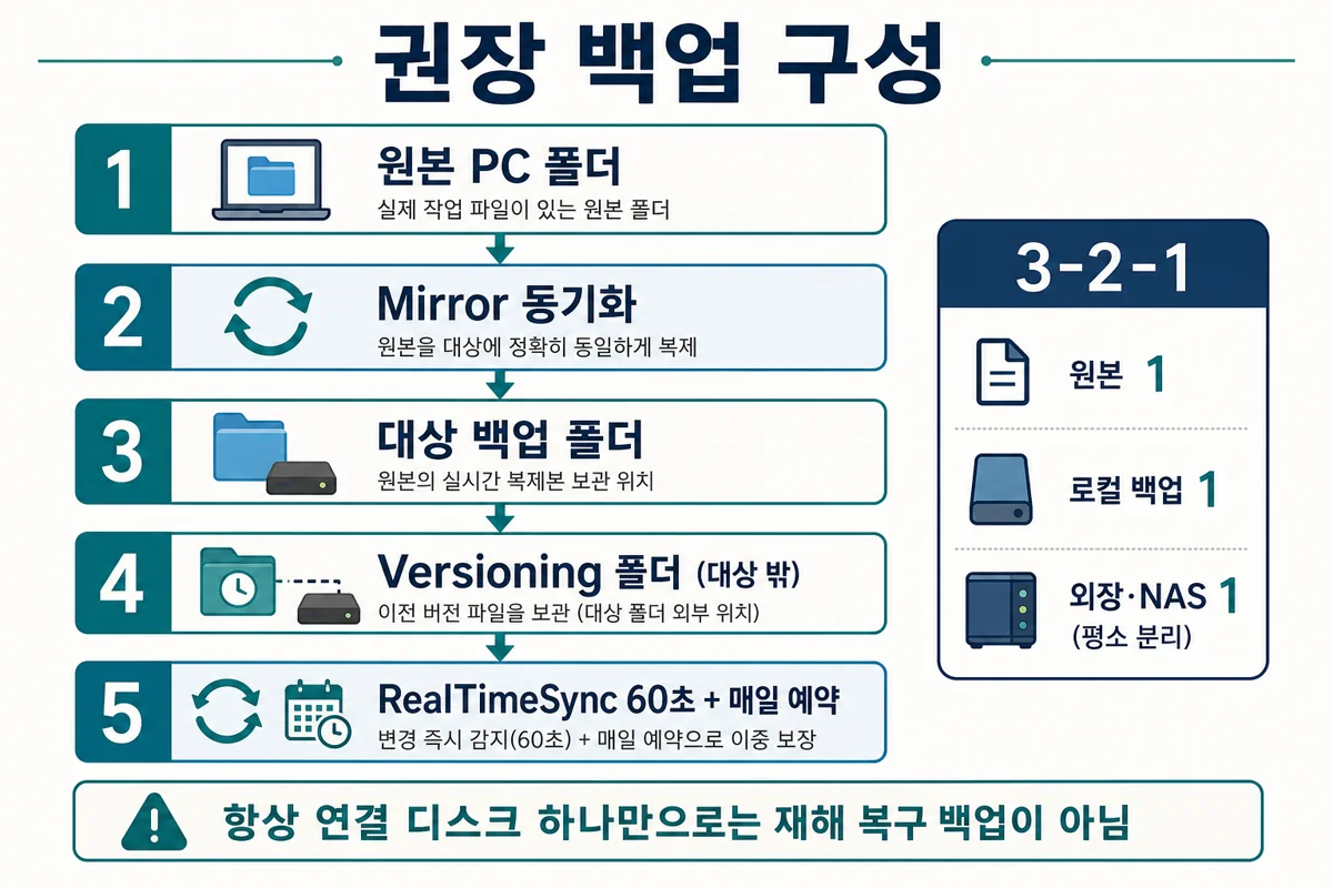 Mirror·Versioning·RealTimeSync·3-2-1 권장 백업 구성