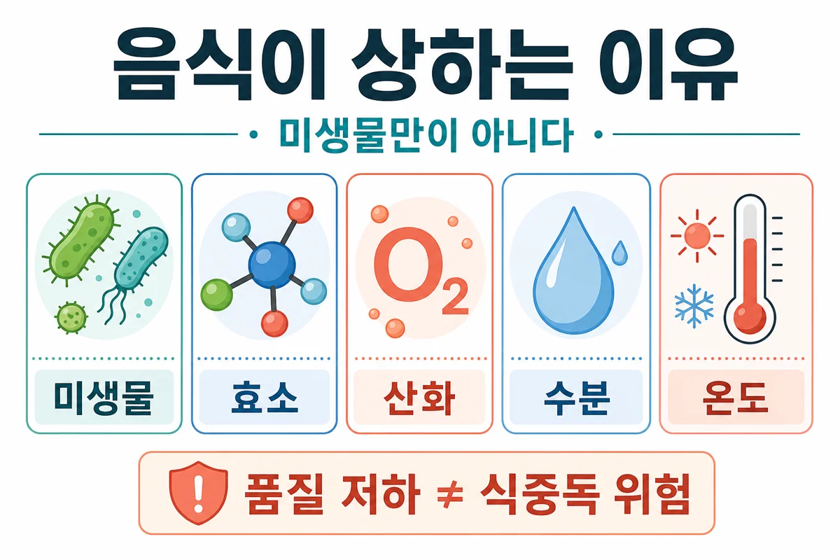음식이 상하는 이유 — 미생물·효소·산화·수분·온도 다섯 축 인포그래픽