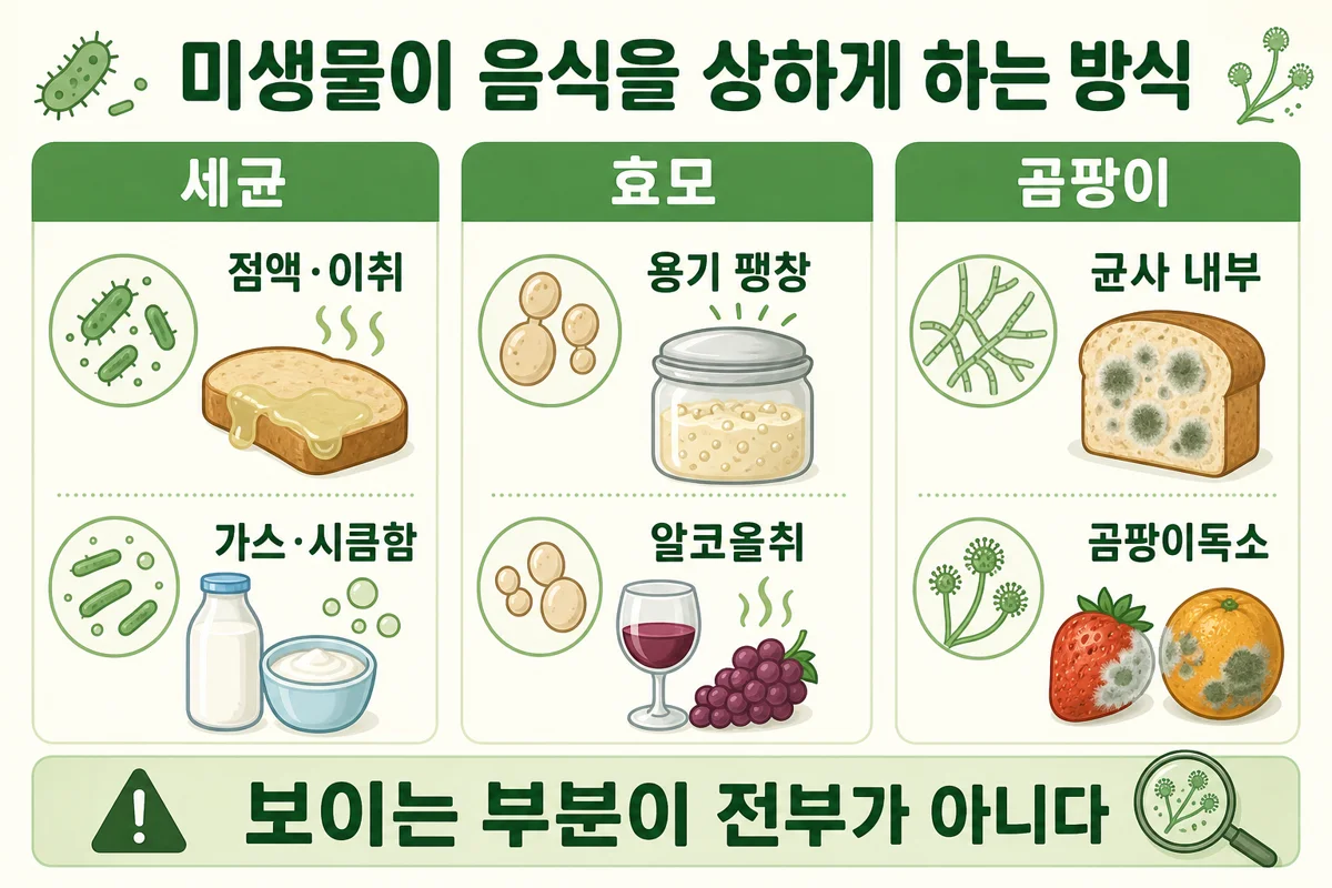 세균·효모·곰팡이가 음식을 상하게 하는 방식 인포그래픽