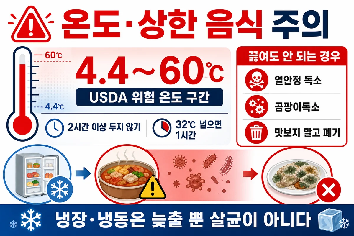 USDA 위험 온도 구간 4.4∼60℃와 상한 음식 주의 인포그래픽
