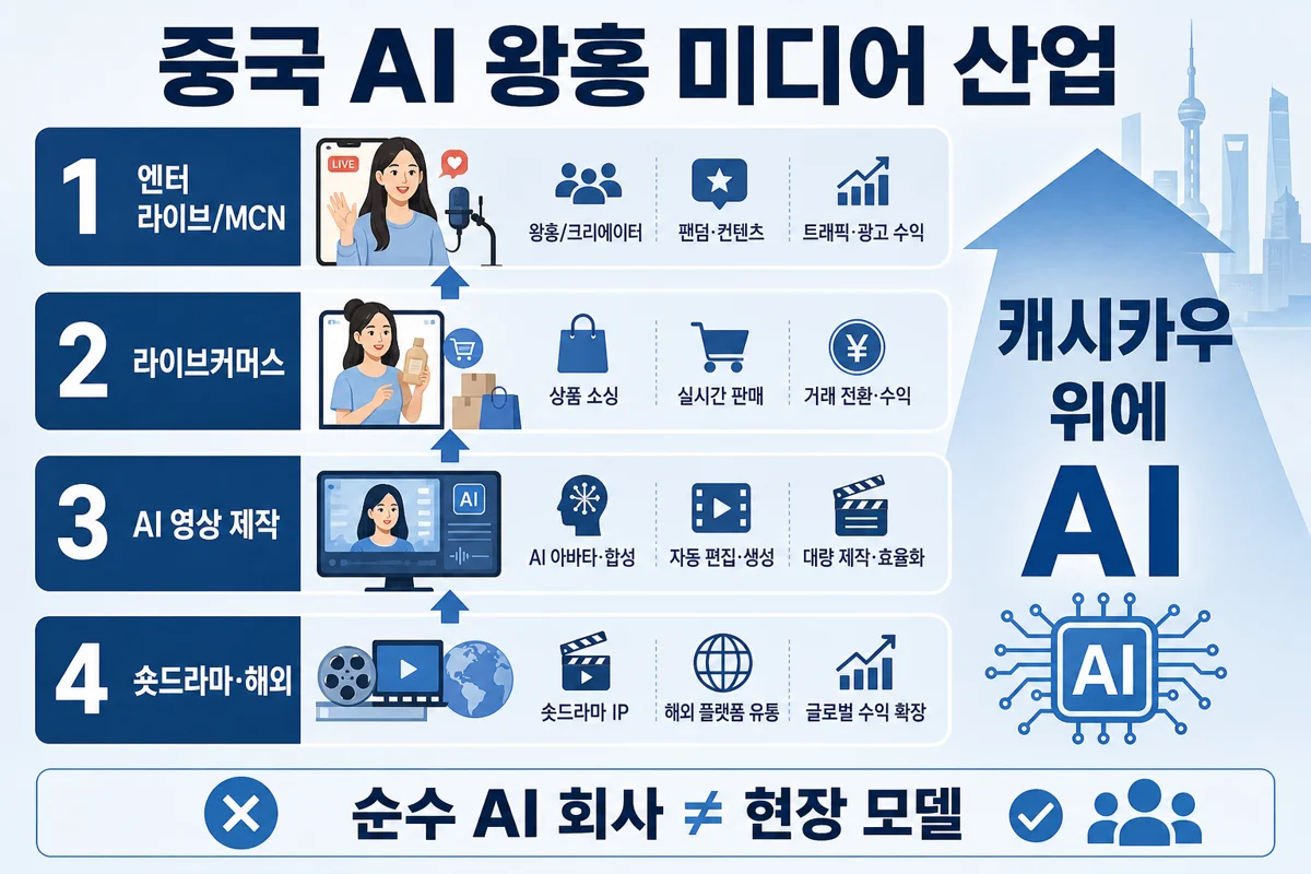 중국 AI 왕홍 미디어 산업 4층 구조