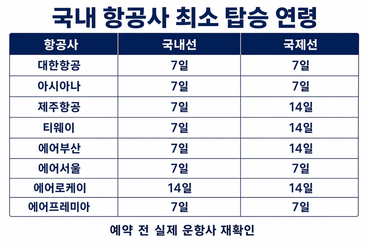 국내 항공사 신생아 최소 탑승 연령 표