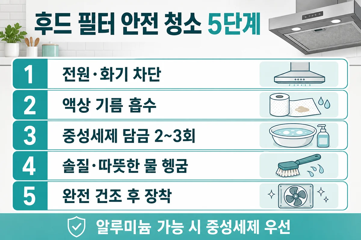 후드 필터 안전 청소 5단계 인포그래픽