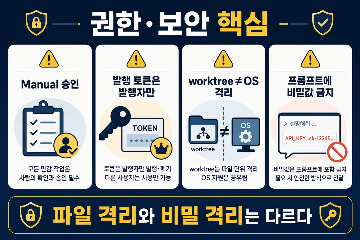 Orca 권한·보안 핵심 — Manual 승인·발행 토큰·worktree 한계