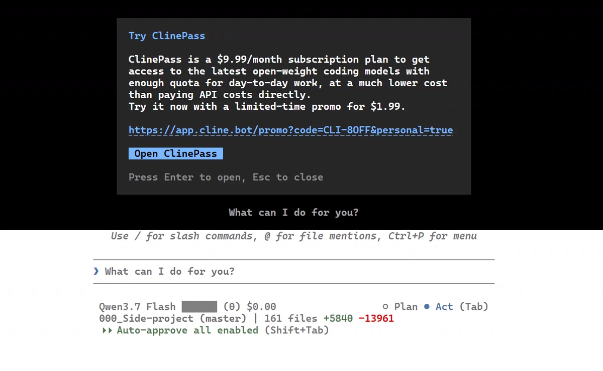 Cline CLI Try ClinePass 팝업 — $1.99 프로모 코드 CLI-80FF