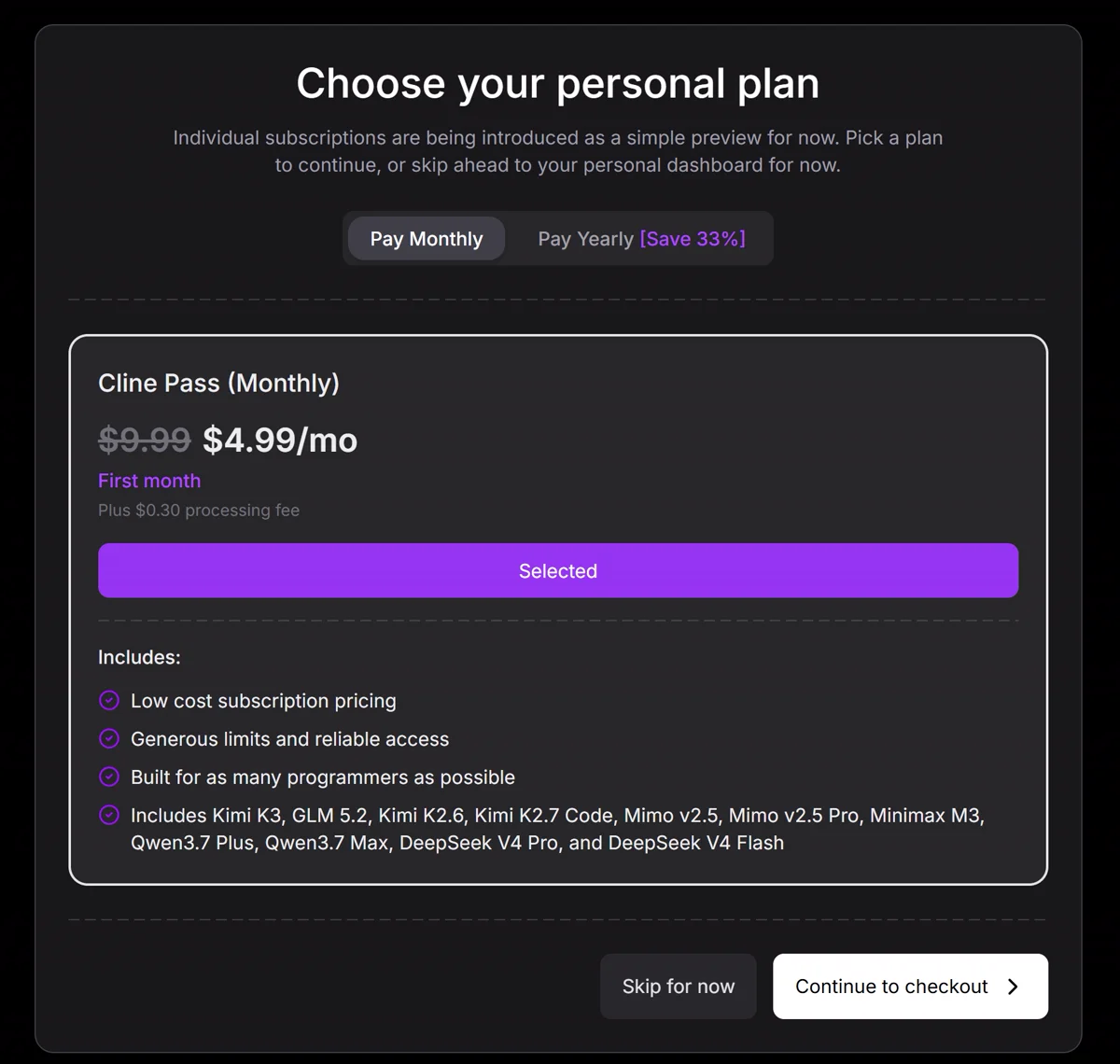 ClinePass 플랜 선택 — 첫달 $4.99, 포함 모델 GLM 5.2 등