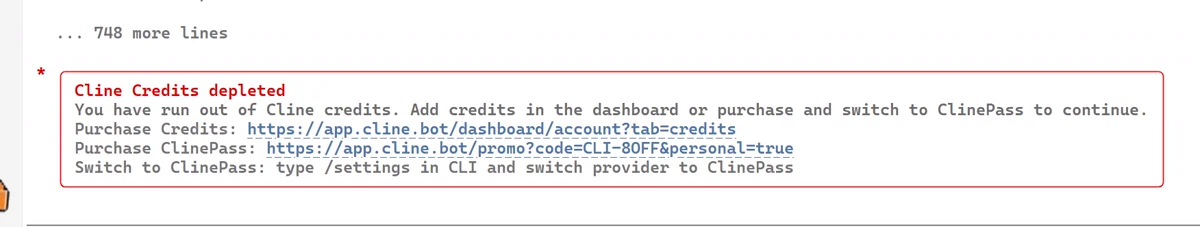 Cline Credits depleted — ClinePass 프로모 링크 CLI-80FF