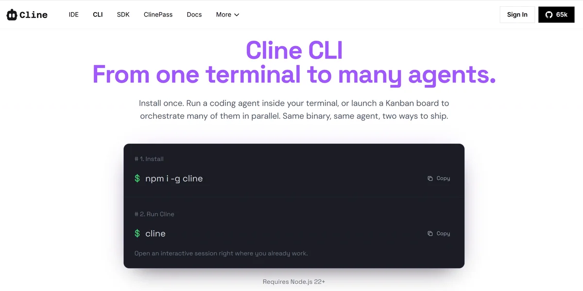 Cline CLI 랜딩 — npm i -g cline, Node.js 22+