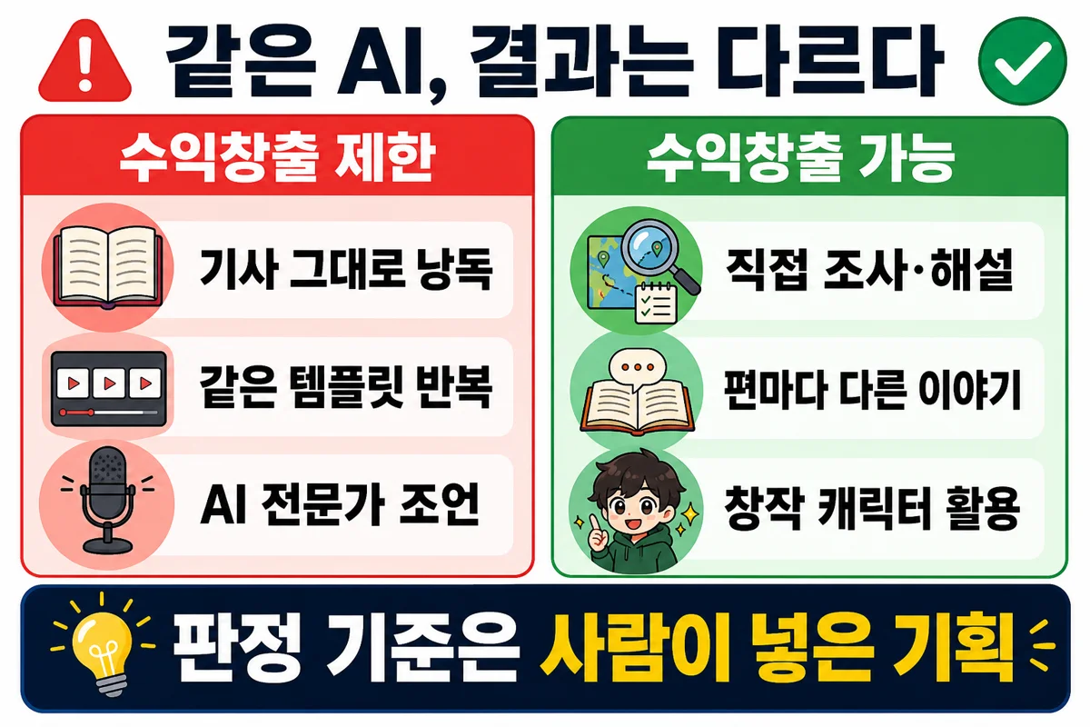 유튜브 AI 콘텐츠 수익창출 제한과 가능 사례 비교