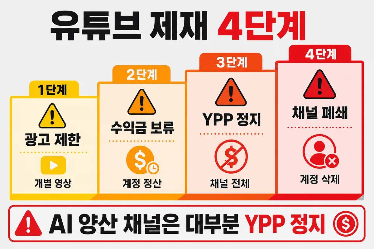 유튜브 광고 제한 수익금 보류 YPP 정지 채널 폐쇄 4단계